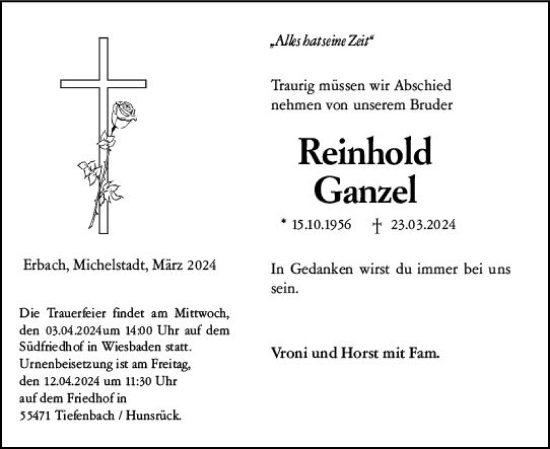 Traueranzeige von Reinhold Ganzel von Odenwälder Echo