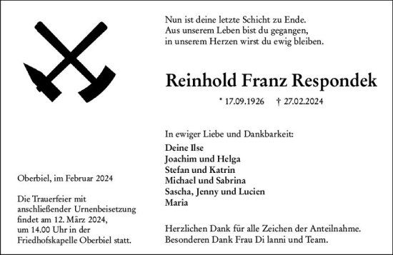 Traueranzeige von Reinhold Franz Respondek von Wetzlarer Neue Zeitung