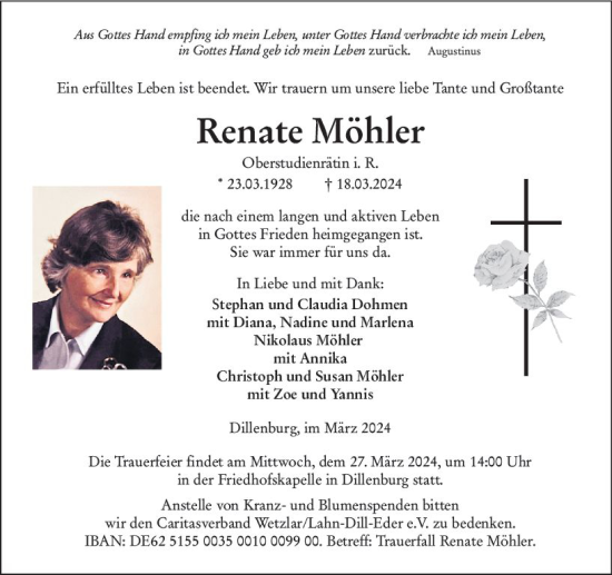 Traueranzeige von Renate Möhler von Dill Block