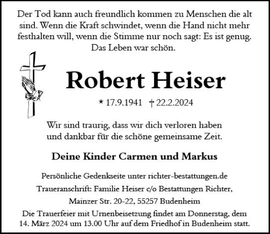 Traueranzeige von Robert Heiser von Allgemeine Zeitung Mainz