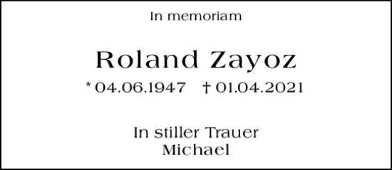 Traueranzeige von Roland Zayoz von Allgemeine Zeitung Mainz