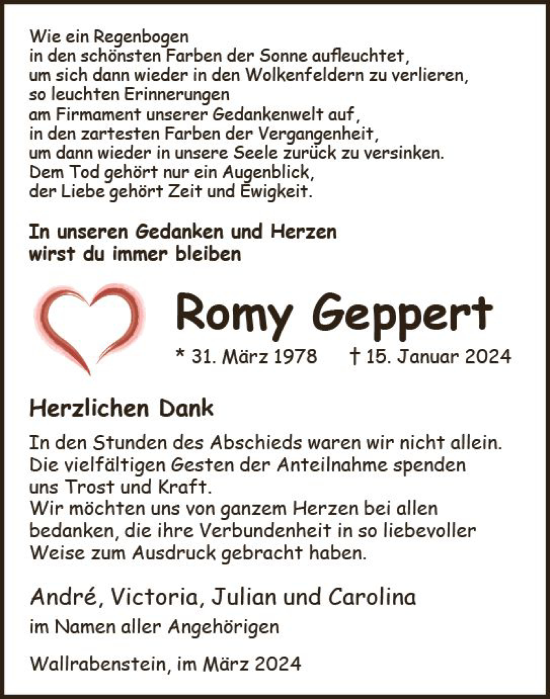 Traueranzeige von Romy Geppert von Wiesbadener Kurier