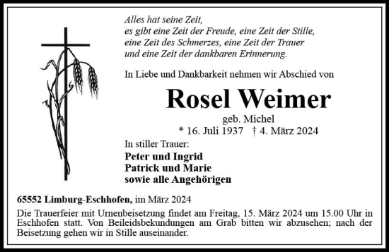 Traueranzeige von Rosel Weimer von Nassauische Neue Presse