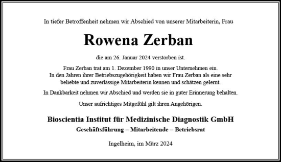 Traueranzeige von Rowena Zerban von Allgemeine Zeitung Mainz