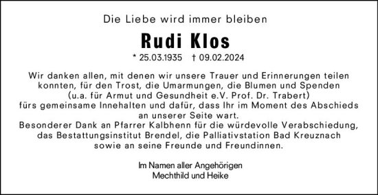 Traueranzeige von Rudi Klos von Allgemeine Zeitung Bingen/Ingelheim