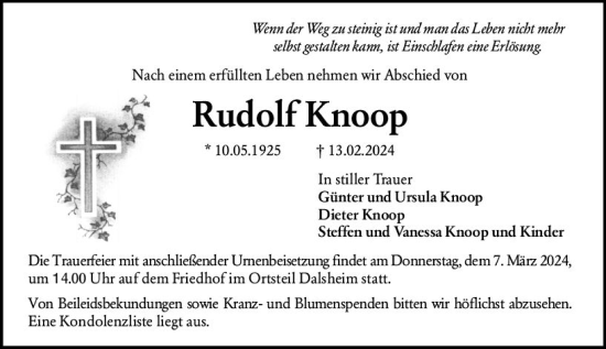 Traueranzeige von Rudolf Knoop von Wormser Zeitung