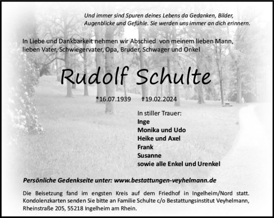 Traueranzeige von Rudolf Schulte von Allgemeine Zeitung Bingen/Ingelheim