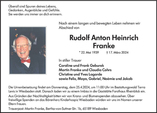 Traueranzeige von Rudolf Anton Heinrich Franke von Wiesbadener Kurier