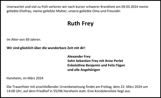 Traueranzeige von Ruth Frey von Allgemeine Zeitung Mainz