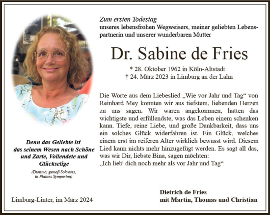 Traueranzeige von Sabine de Fries von Nassauische Neue Presse