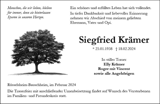 Traueranzeige von Siegfried Krämer von Rüsselsheimer Echo