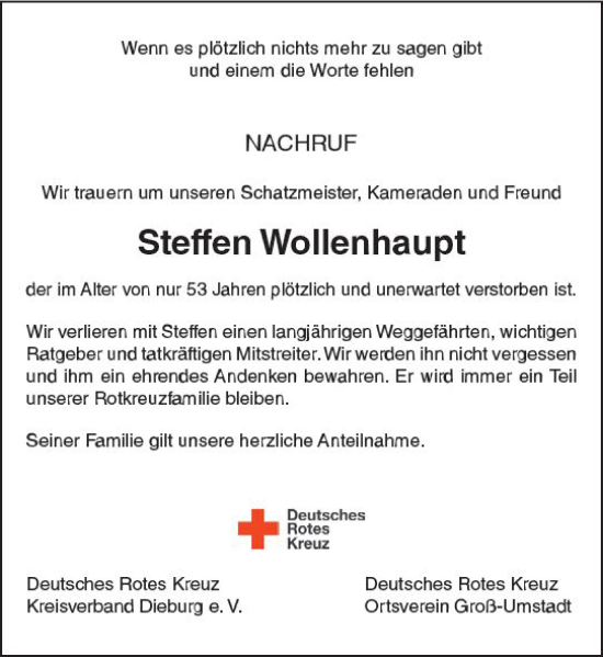 Traueranzeige von Steffen Wollenhaupt von Darmstädter Echo