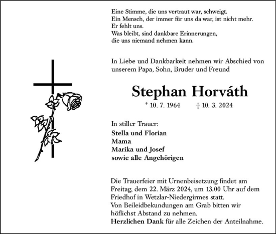 Traueranzeige von Stephan Horvath von Wetzlarer Neue Zeitung