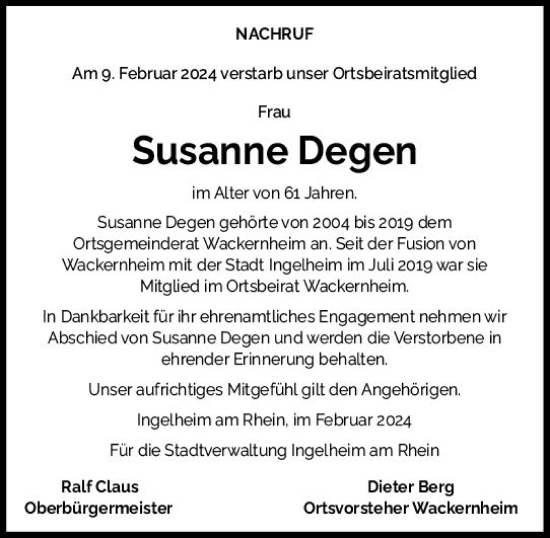 Traueranzeige von Susanne Degen von Allgemeine Zeitung Bingen/Ingelheim