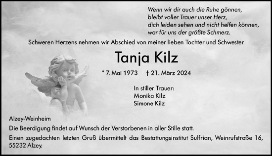 Traueranzeige von Tanja Kilz von Allgemeine Zeitung Alzey