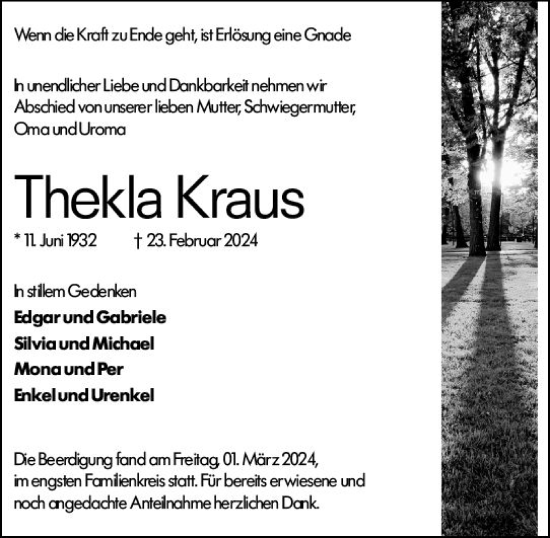 Traueranzeige von Thekla Kraus von Odenwälder Echo