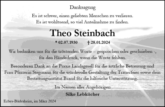 Traueranzeige von Theo Steinbach von Allgemeine Zeitung Alzey