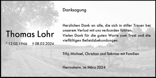 Traueranzeige von Thomas Lohr von Wormser Zeitung