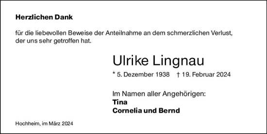 Traueranzeige von Ulrike Lingnau von Hochheimer Zeitung