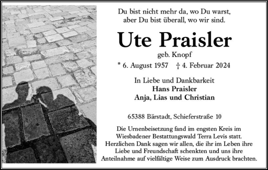 Traueranzeige von Ute Praisler von Wiesbadener Kurier