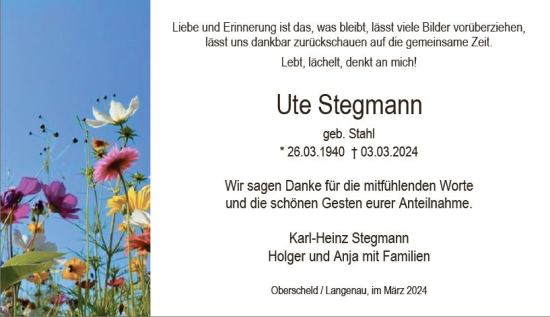 Traueranzeige von Ute Stegmann von Dill Block