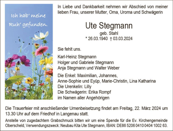 Traueranzeige von Ute Stegmann von Dill Block