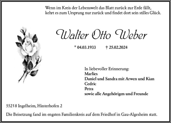 Traueranzeige von Walter Otto Weber von Allgemeine Zeitung Bingen/Ingelheim