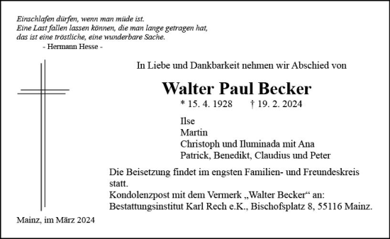 Traueranzeige von Walter Paul Becker von Allgemeine Zeitung Mainz