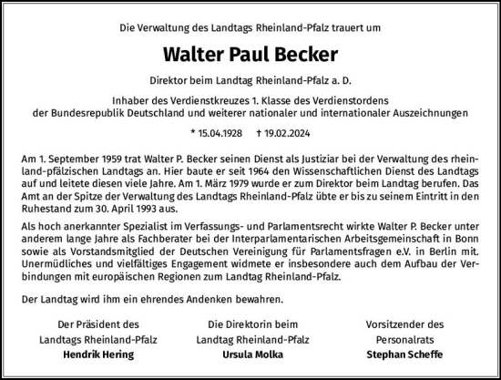 Traueranzeige von Walter Paul Becker von Allgemeine Zeitung Mainz