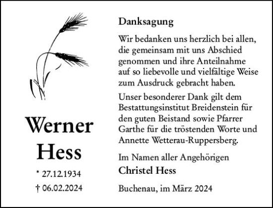 Traueranzeige von Werner Hess von Hinterländer Anzeiger