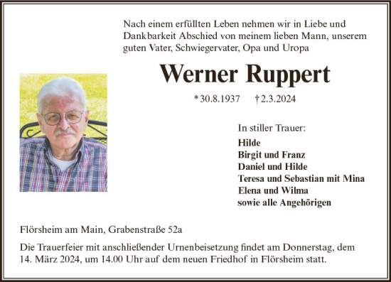 Traueranzeige von Werner Ruppert von Rüsselsheimer Echo