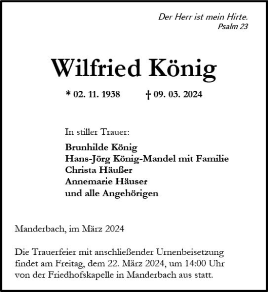Traueranzeige von Wilfried König von Dill Block