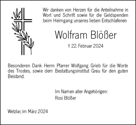Traueranzeige von Wolfram Blößer von Wetzlarer Neue Zeitung
