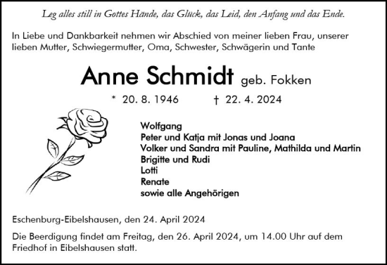 Traueranzeige von Anne Schmidt von Dill Block