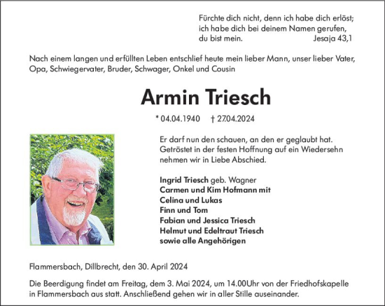Traueranzeige von Armin Triesch von Dill Block