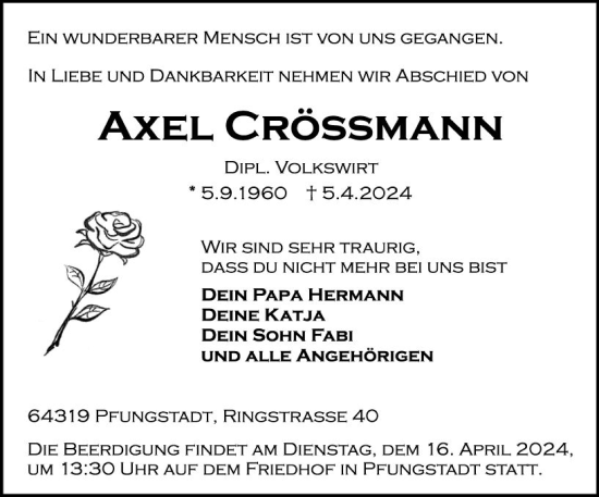 Traueranzeige von Axel Crössmann von Darmstädter Echo