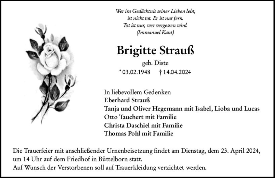 Traueranzeige von Brigitte Strauß von Groß-Gerauer Echo