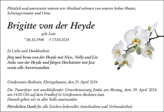 Traueranzeige von Brigitte von der Heyde von Dill Block