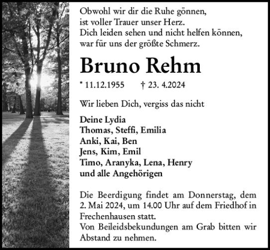 Traueranzeige von Bruno Rehm von Hinterländer Anzeiger