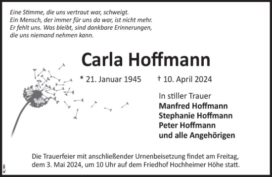 Traueranzeige von Carla Hoffmann von Wormser Zeitung
