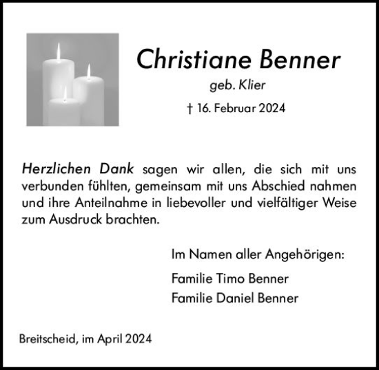 Traueranzeige von Christiane Benner von Dill Block