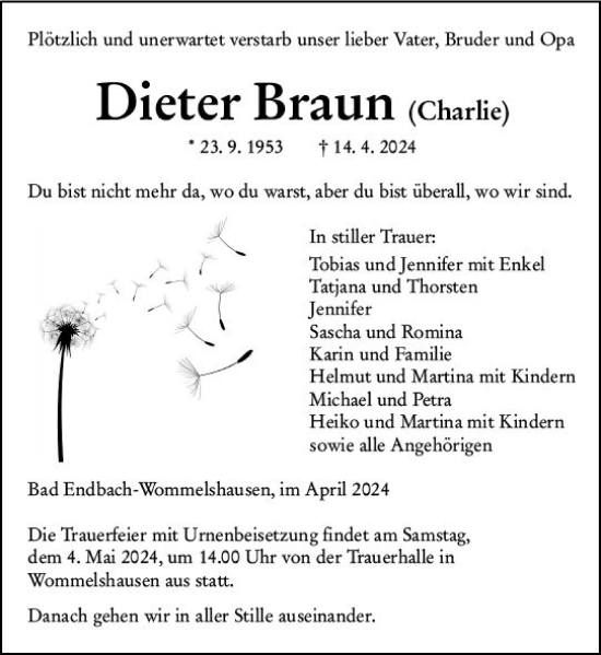 Traueranzeige von Dieter Braun von Hinterländer Anzeiger