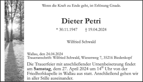 Traueranzeige von Dieter Petri von Hinterländer Anzeiger