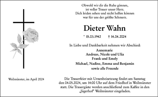 Traueranzeige von Dieter Wahn von Weilburger Tageblatt