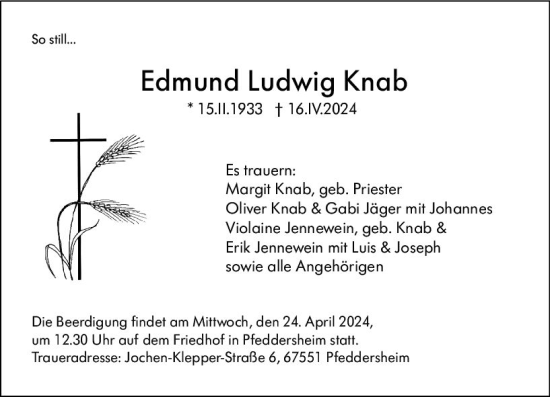 Traueranzeige von Edmund Ludwig Knab von Wormser Zeitung