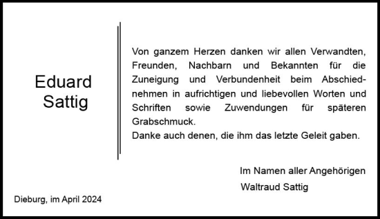 Traueranzeige von Eduard Sattig von Dieburger Anzeiger/Groß-Zimmerner Lokal-Anzeiger