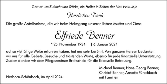 Traueranzeige von Elfriede Benner von Dill Block