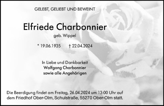 Traueranzeige von Elfriede Charbonnier von Allgemeine Zeitung Mainz