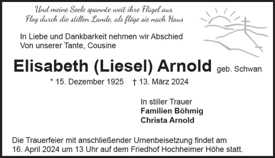 Traueranzeige von Elisabeth Arnold von Wormser Zeitung