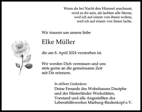 Traueranzeige von Elke Müller von Hinterländer Anzeiger